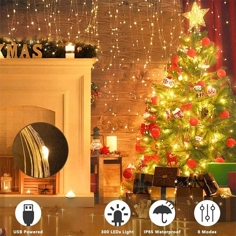 3M LED Curtain String Lights Fairy Decoration USB Holiday Garland Lamp 8 Mode per la casa Giardino Festa di Natale Capodanno Matrimonio