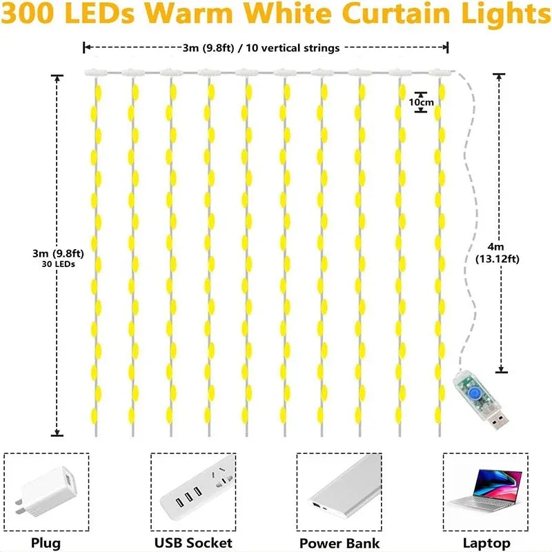 3M LED Curtain String Lights Fairy Decoration USB Holiday Garland Lamp 8 Mode per la casa Giardino Festa di Natale Capodanno Matrimonio