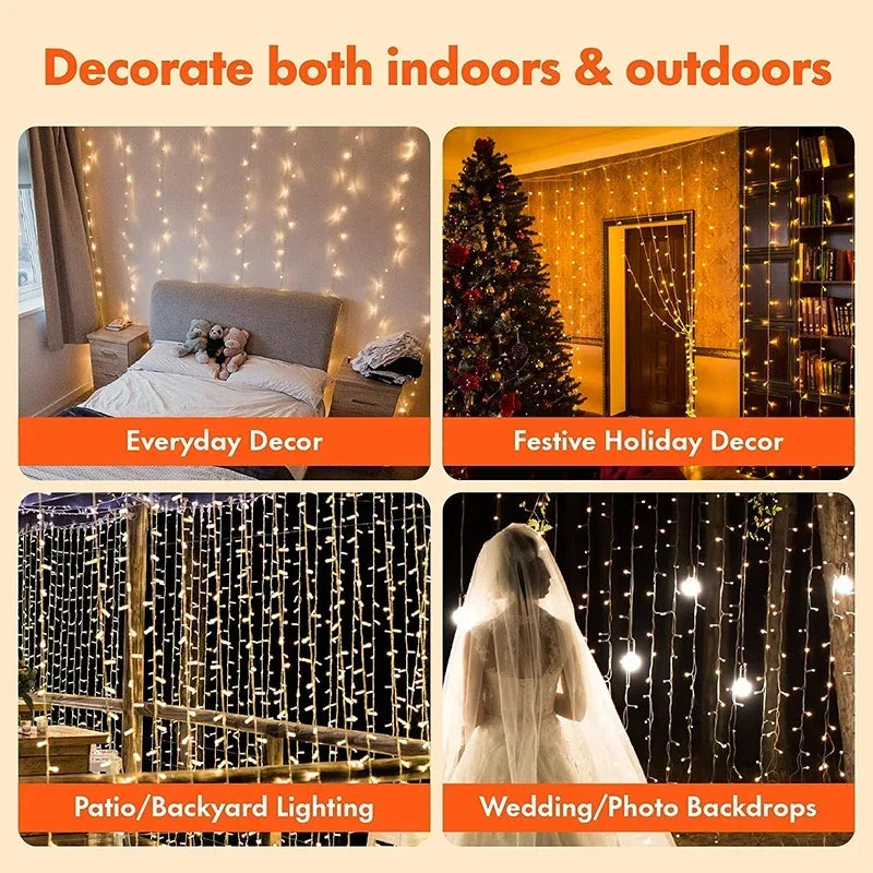 3M LED Curtain String Lights Fairy Decoration USB Holiday Garland Lamp 8 Mode per la casa Giardino Festa di Natale Capodanno Matrimonio