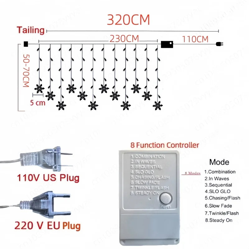 3.2M Fiocchi di neve di Natale LED Luci a stringa lampeggianti Fata Luci per tende impermeabili per feste di Natale Matrimonio Decorazione di Natale