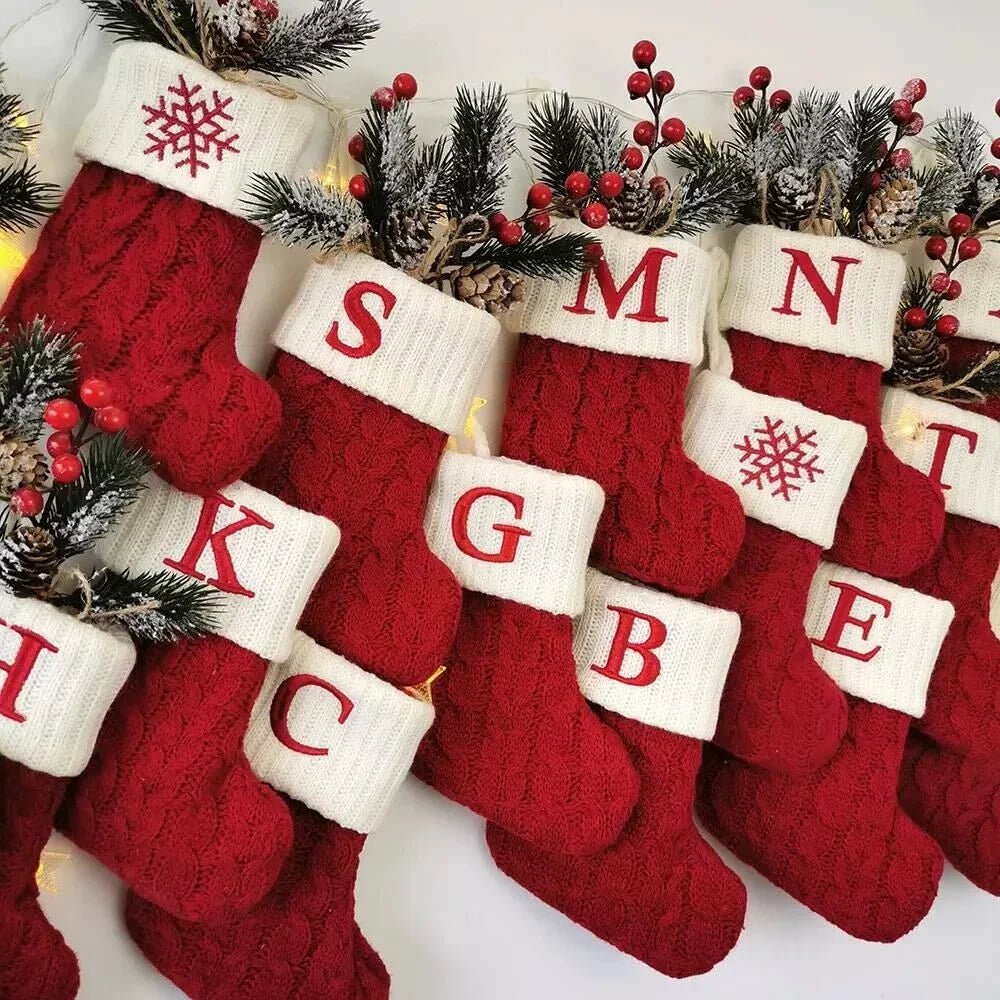 Calzini di Natale Maglia Fiocco di neve Lettera Calza Decorazione natalizia 2025 per la casa Ornamento dell'albero di Natale Regalo Navidad Natal 2026